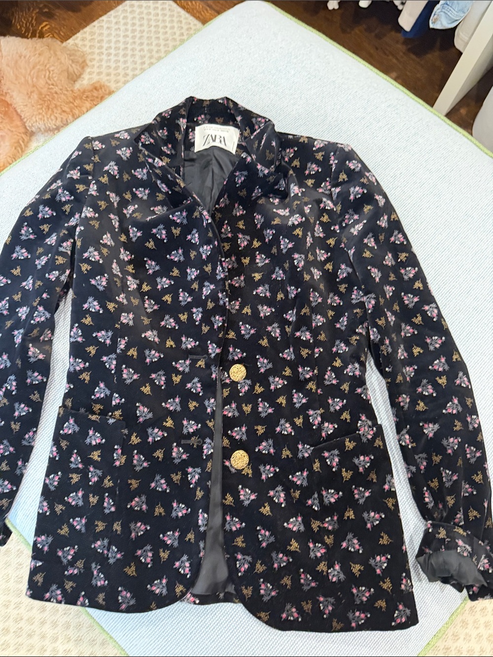 Zara Black Blazer with Pink and Gold Floral Print